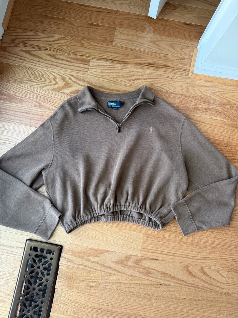 Polo Ralph Lauren Vintage Taupe Cropped Quarter Zip Cotton Sweatshirt XL